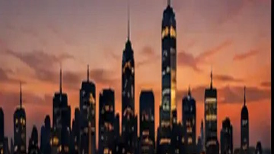 Financial district skyline at sunset