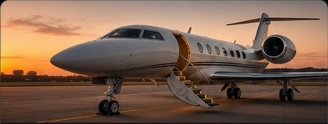 Private business jet on an airport ramp at sunset