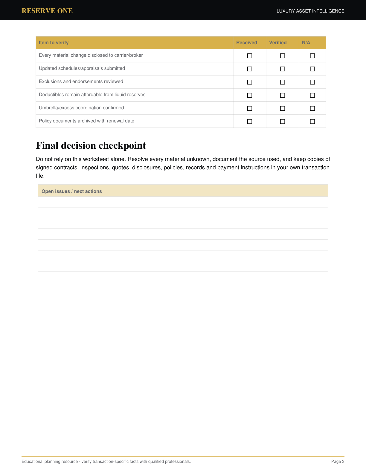 Page 3 preview of the Luxury Asset Insurance Gap Audit