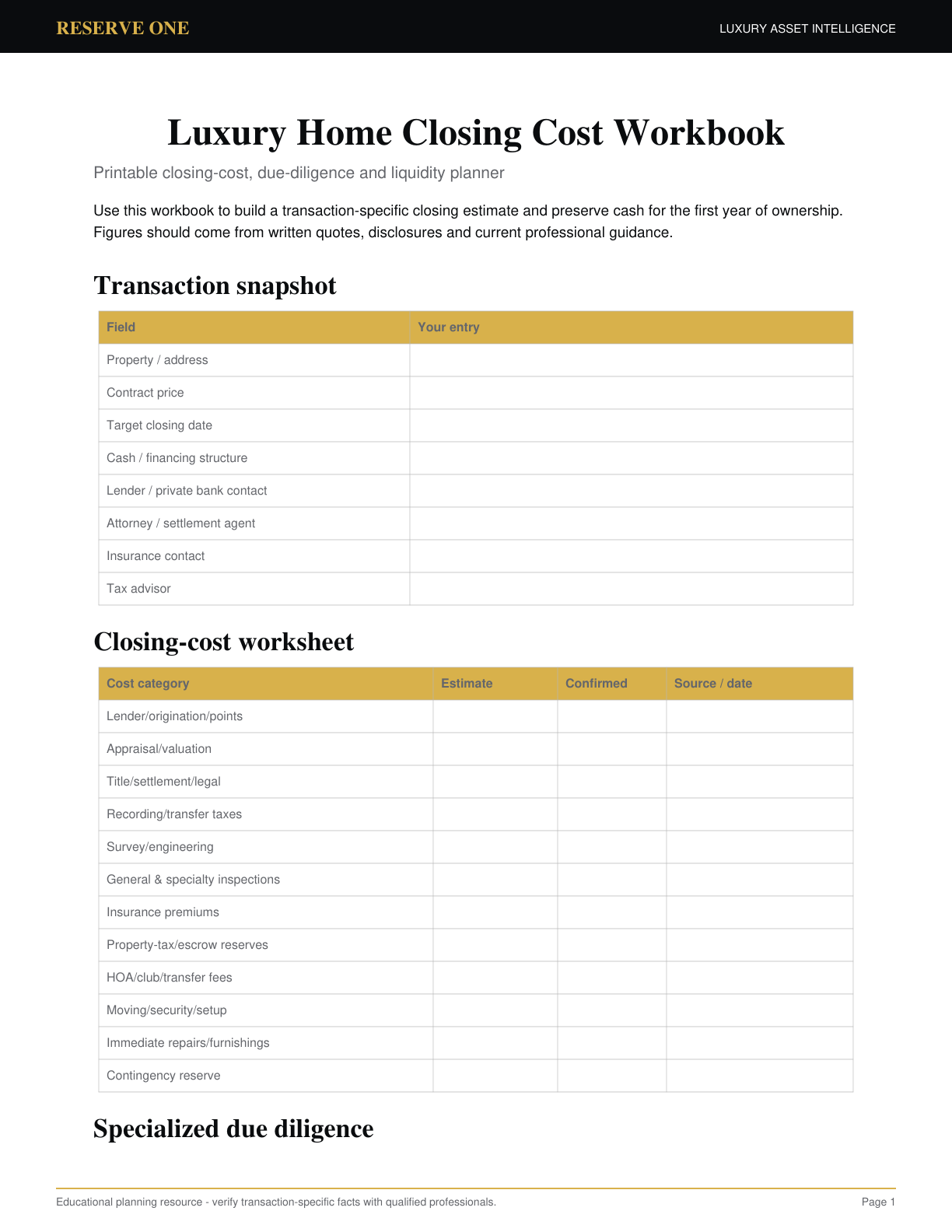 Page 1 preview of the Luxury Home Closing Cost Workbook