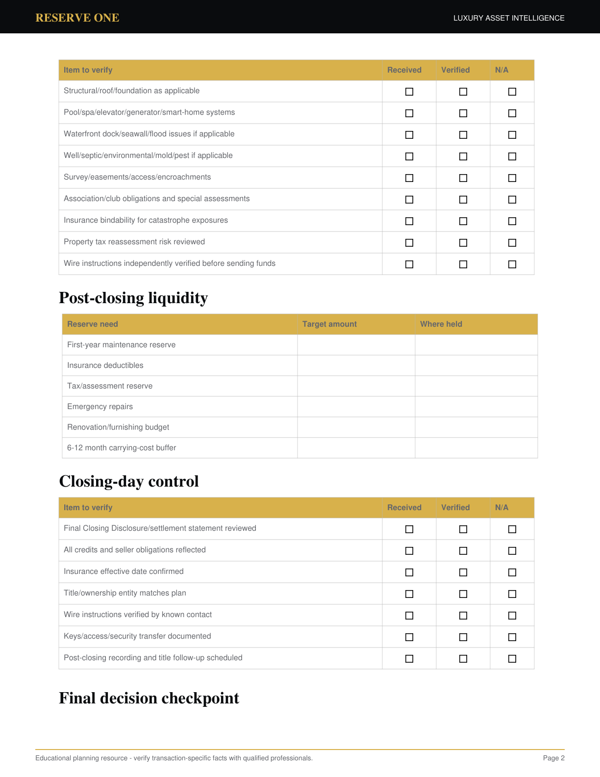 Page 2 preview of the Luxury Home Closing Cost Workbook