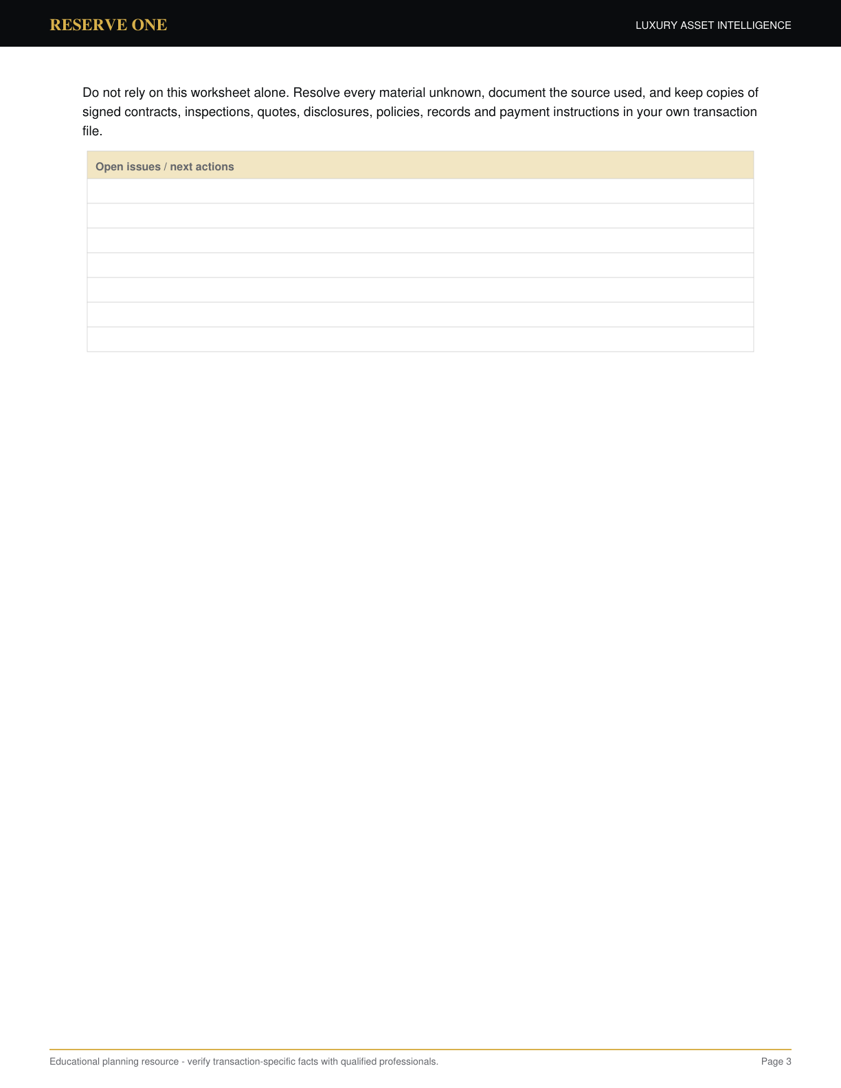 Page 3 preview of the Luxury Home Closing Cost Workbook