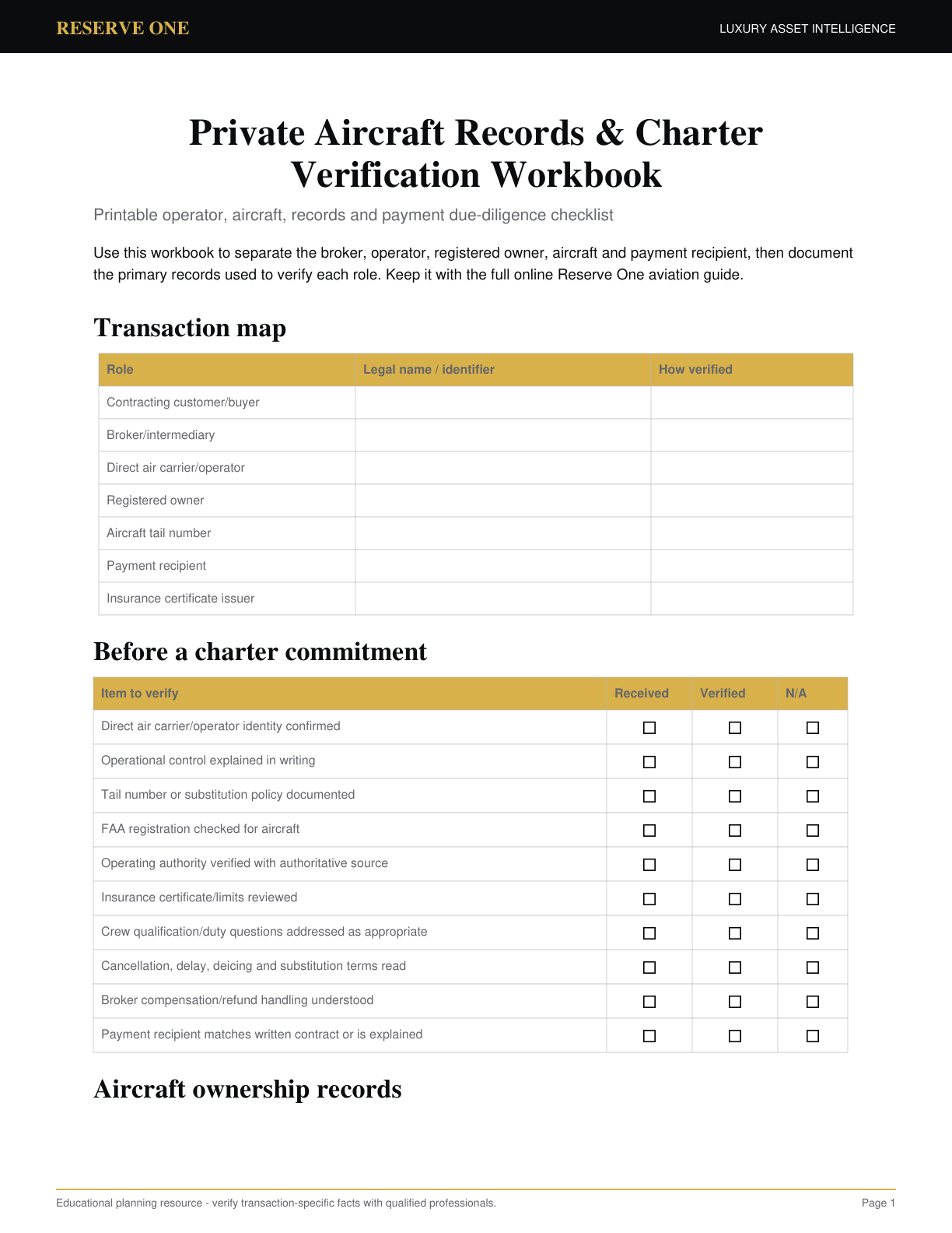 Page 1 preview of the Private Aircraft Records & Charter Verification Workbook