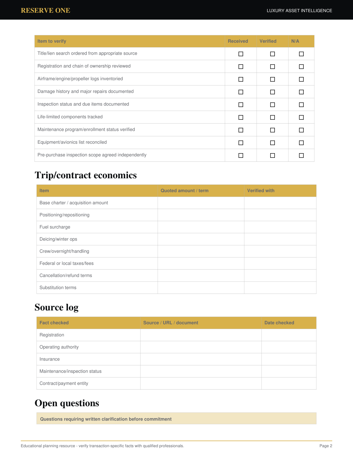 Page 2 preview of the Private Aircraft Records & Charter Verification Workbook
