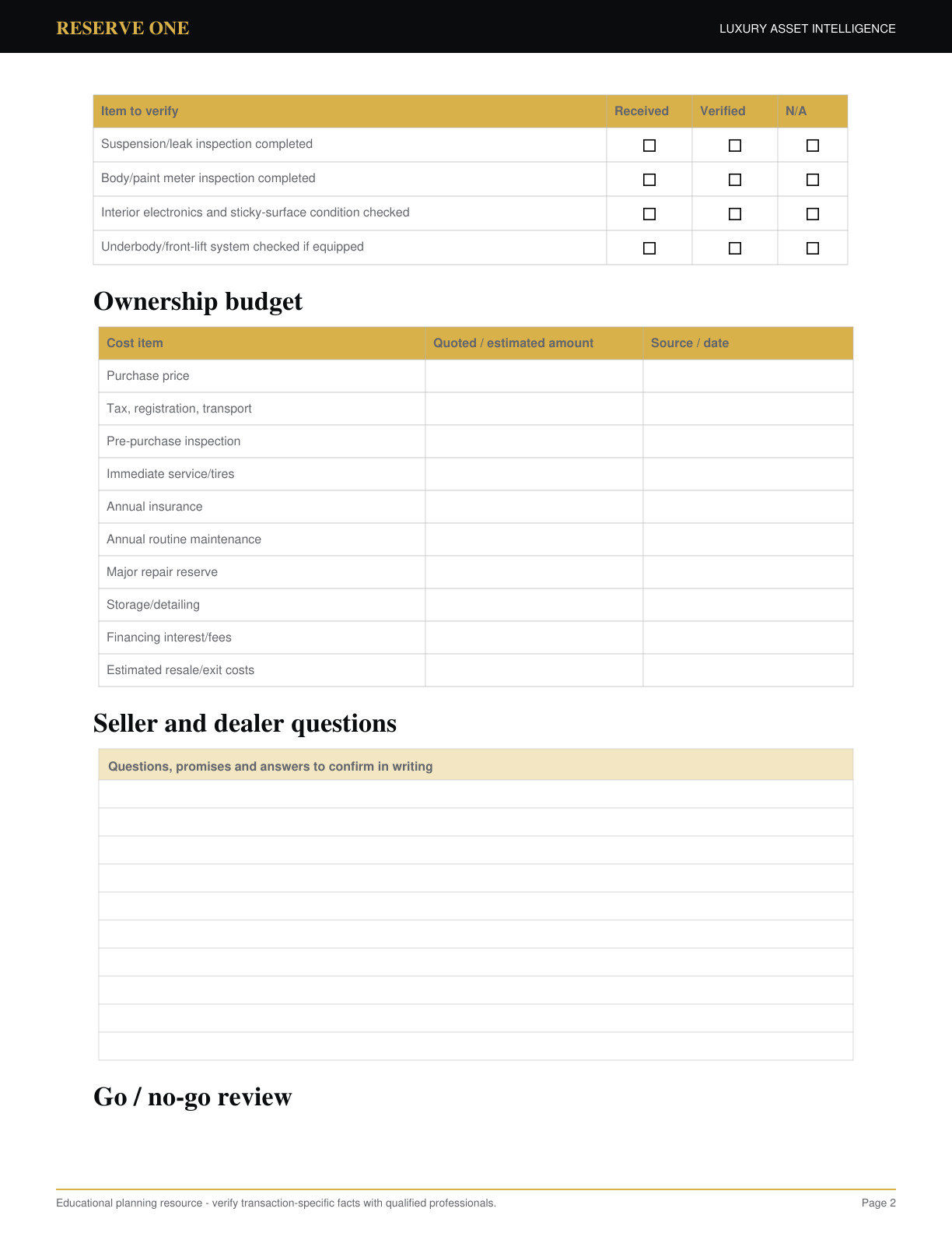Page 2 preview of the Used Ferrari Pre-Purchase Workbook