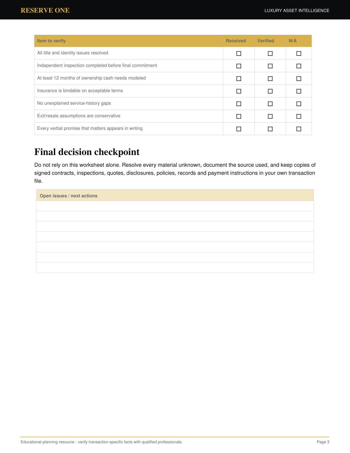 Page 3 preview of the Used Ferrari Pre-Purchase Workbook